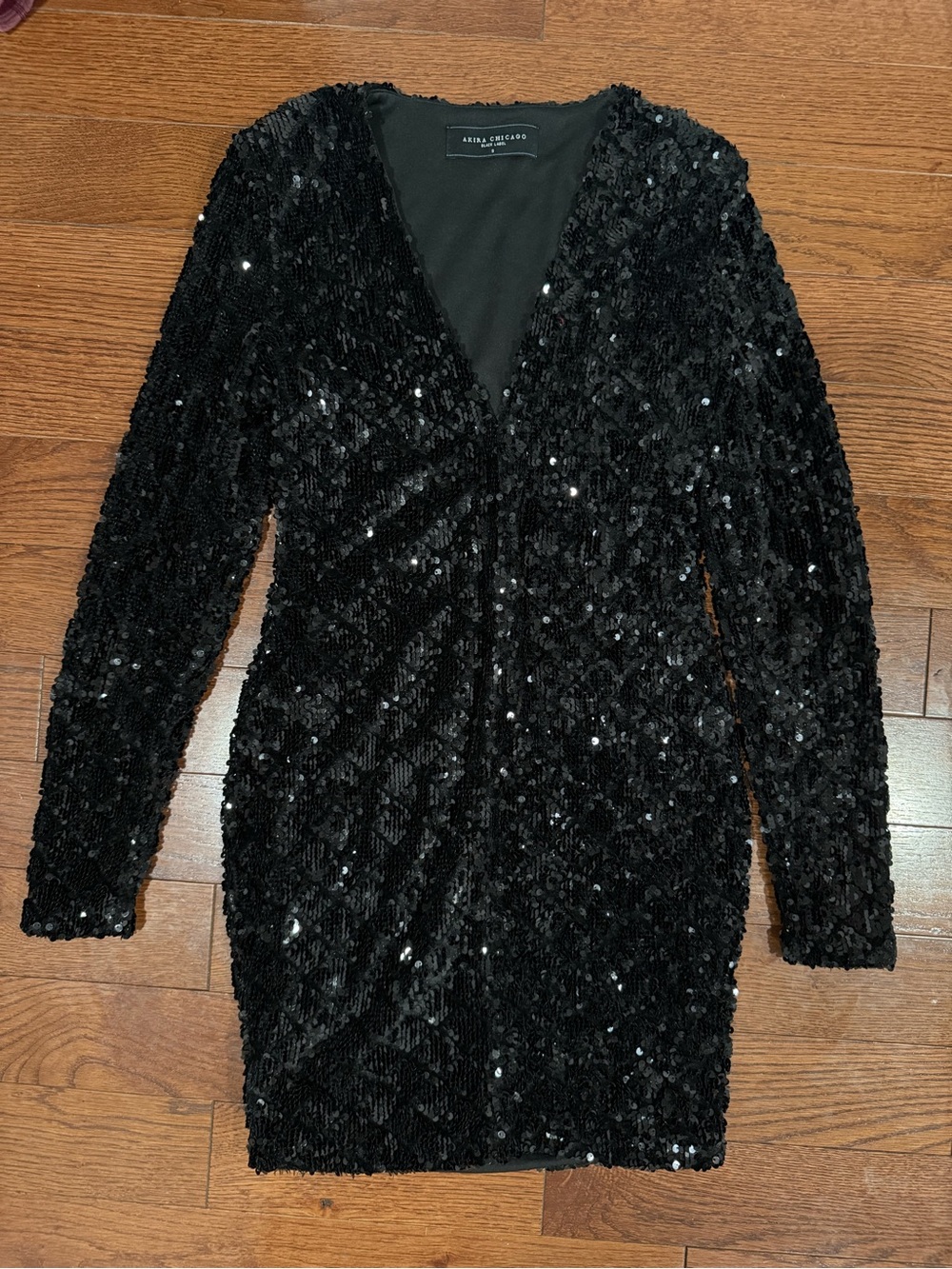 AKIRA Black Sequin Long-Sleeve V-Neck Dress
